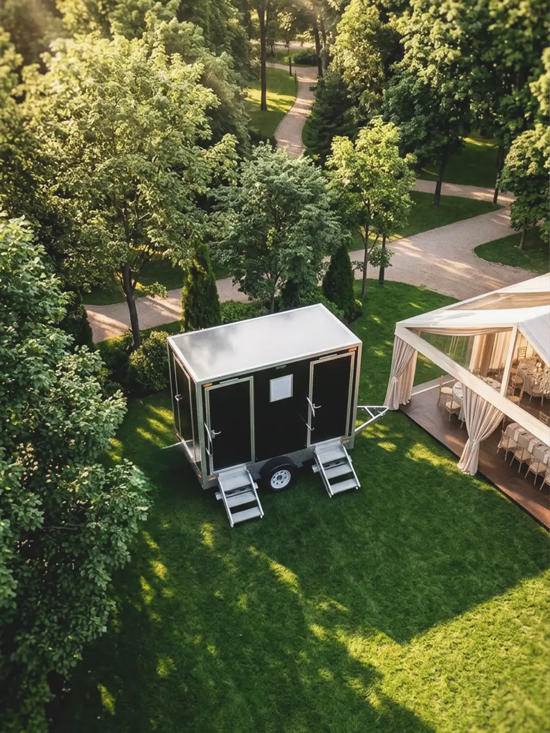 Restroom trailer set up for a backyard wedding